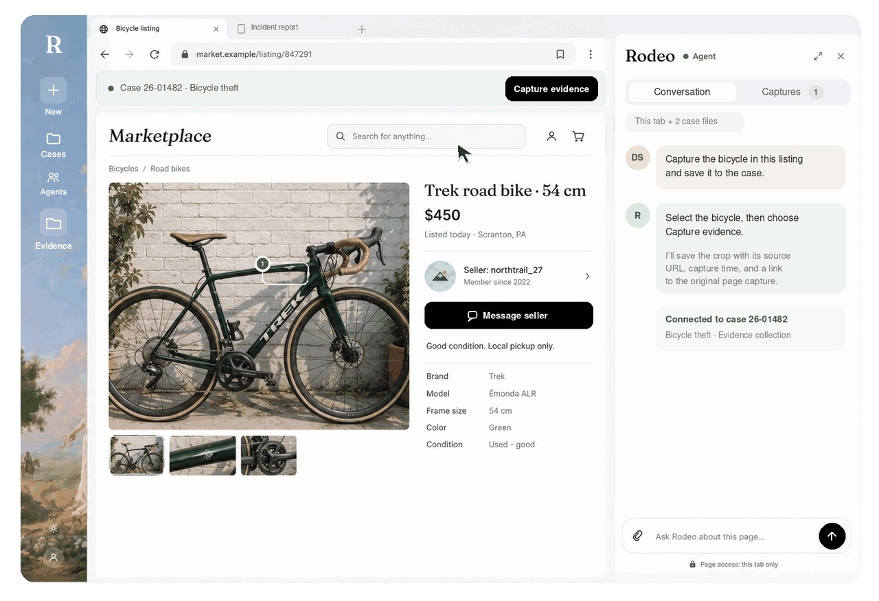 Rodeo Browser capturing a bicycle listing as evidence and saving it to the investigation, with its source and capture details